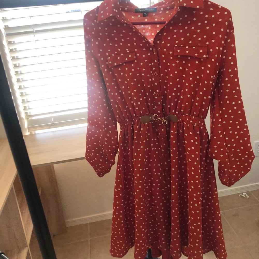 Red and white polka dot dress with belt